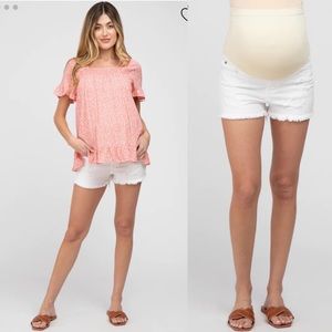 Pinkblush White Distressed Fringe Maternity Denim Full Panel Jean Shorts
